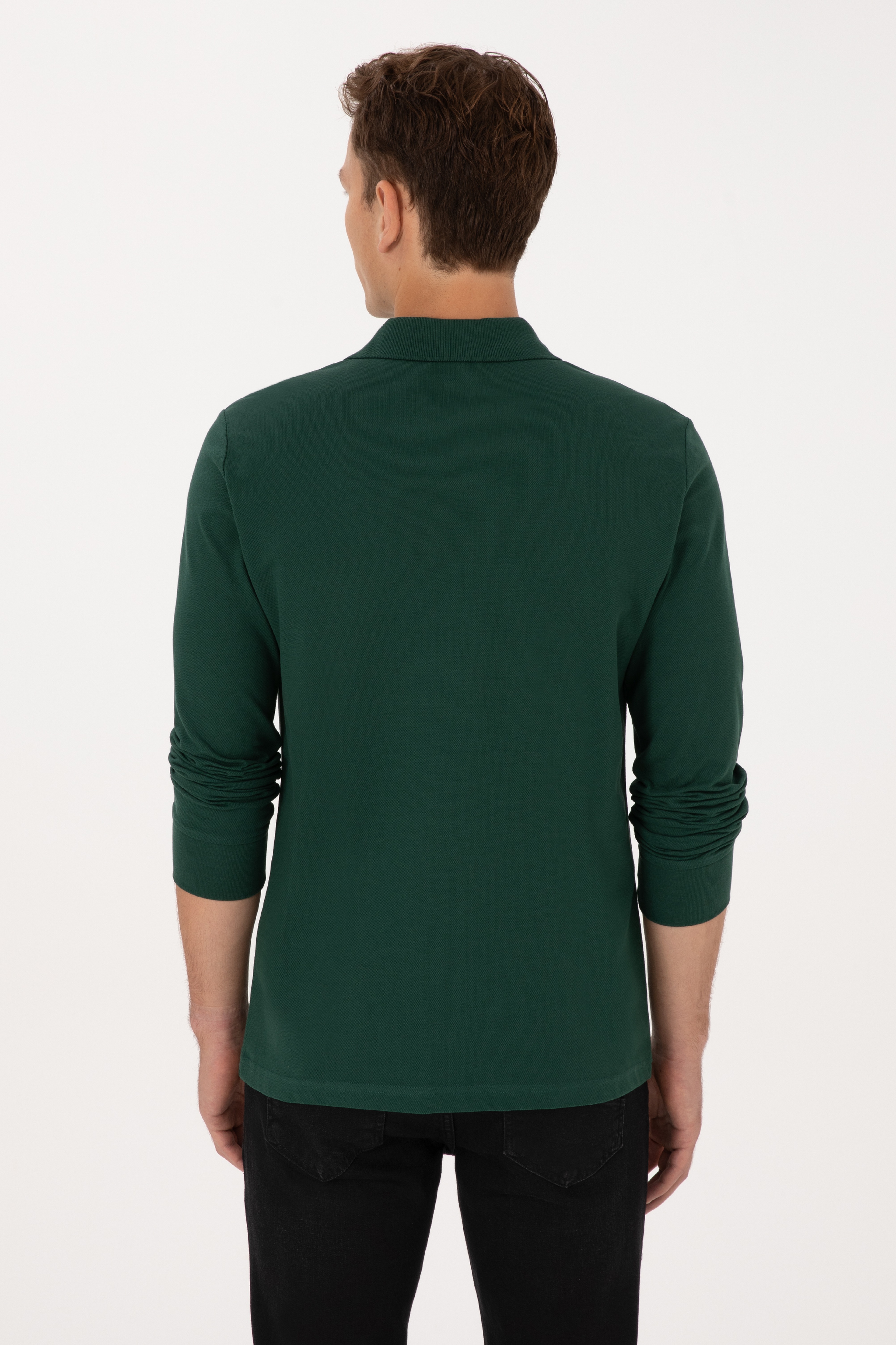 Erkek Regular Fit Polo Yaka Koyu Yeşil Basic Sweatshirt - Image 5