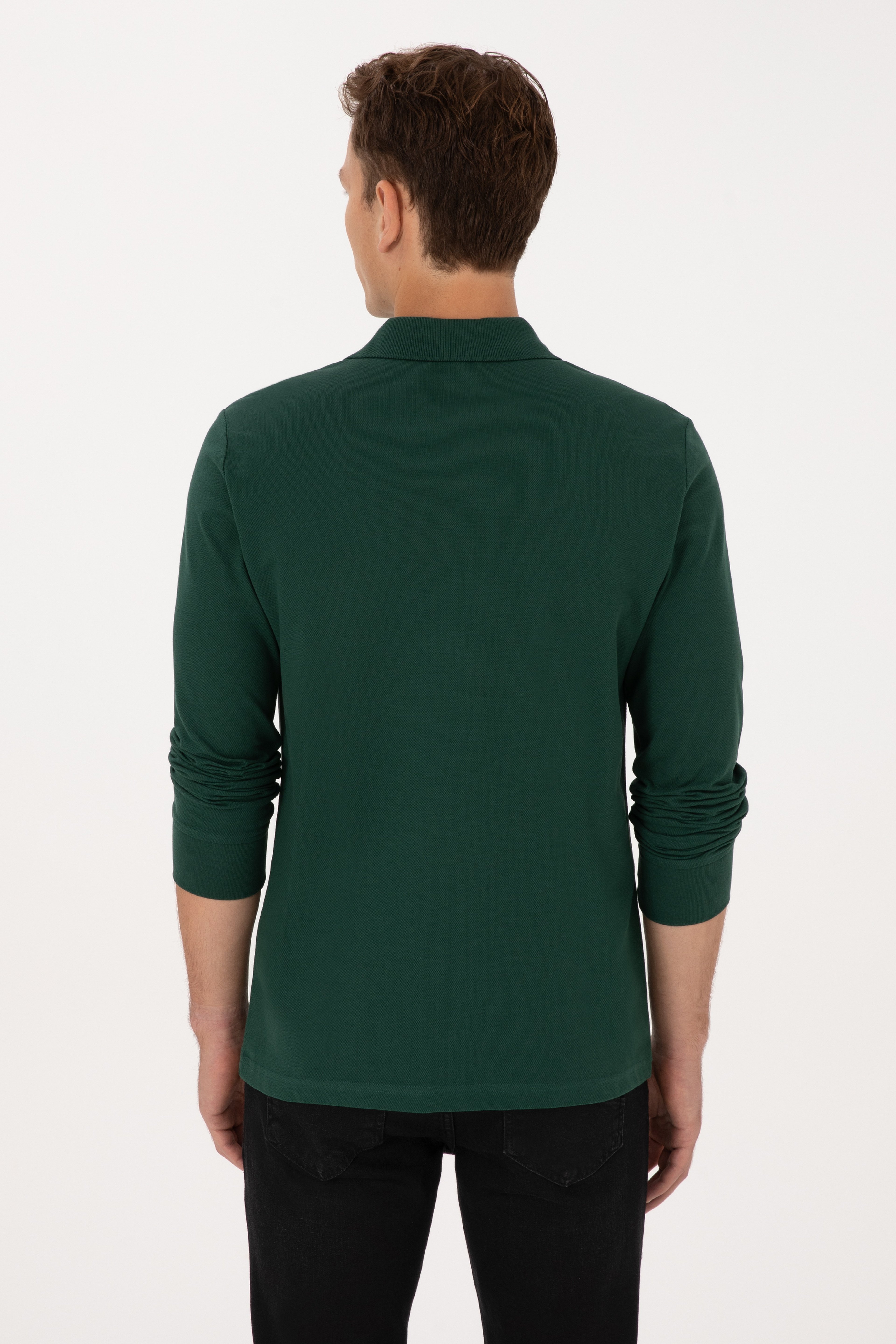 Erkek Regular Fit Polo Yaka Koyu Yeşil Basic Sweatshirt