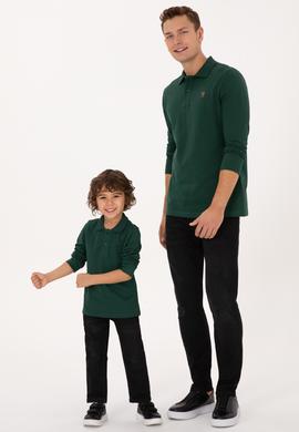 Erkek Regular Fit Polo Yaka Koyu Yeşil Basic Sweatshirt - 50313772066