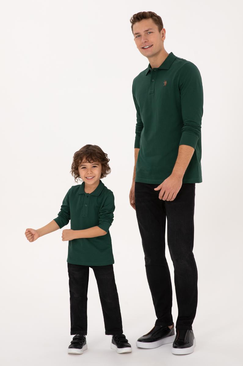 Erkek Regular Fit Polo Yaka Koyu Yeşil Basic Sweatshirt