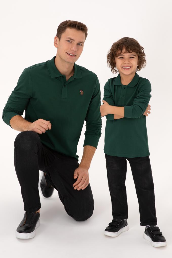 Erkek Regular Fit Polo Yaka Koyu Yeşil Basic Sweatshirt