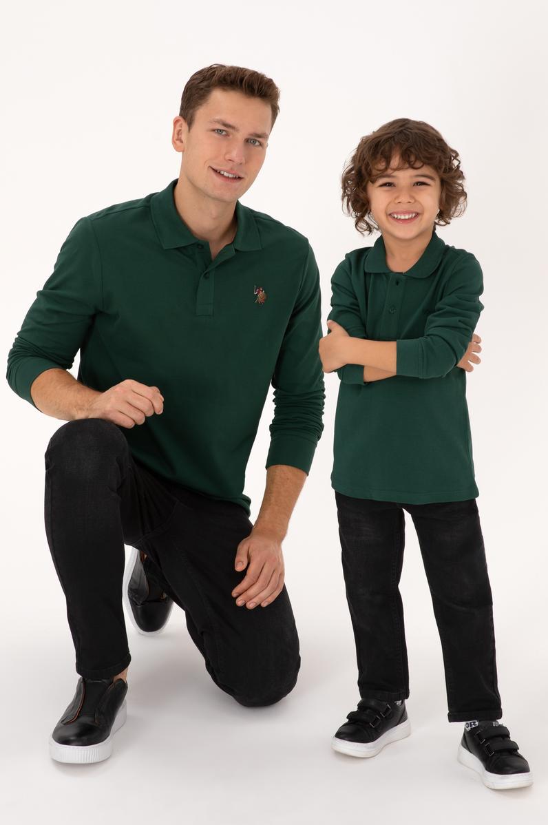 Erkek Regular Fit Polo Yaka Koyu Yeşil Basic Sweatshirt