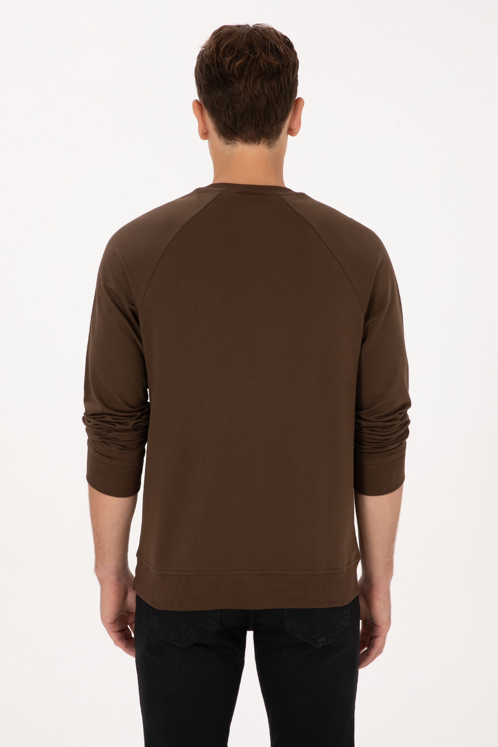 Erkek Regular Fit Bisiklet Yaka Kahverengi İnce Basic Sweatshirt - Image 5