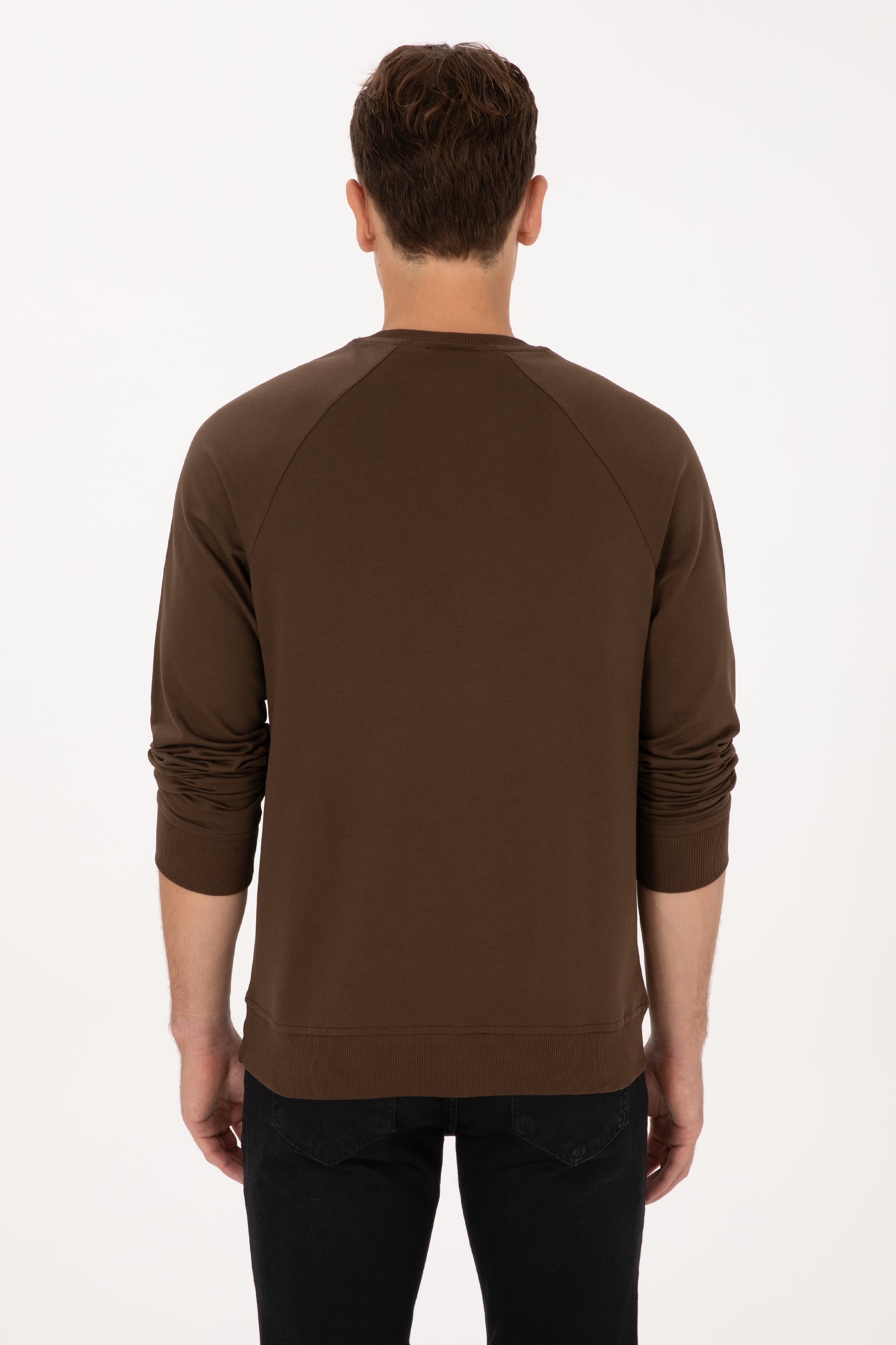 Erkek Regular Fit Bisiklet Yaka Kahverengi İnce Basic Sweatshirt
