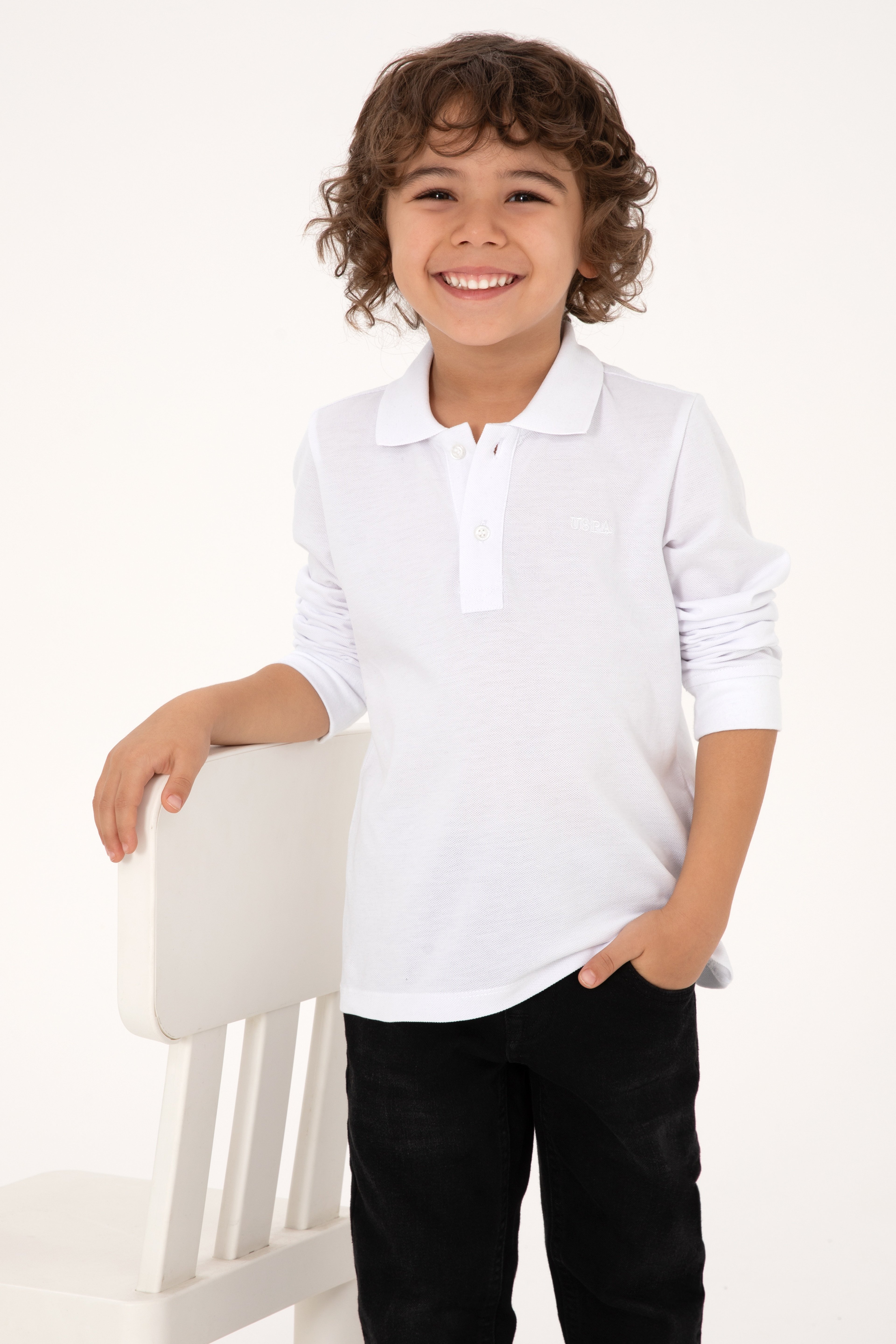Erkek Çocuk Beyaz Basic Polo Yaka Sweatshirt