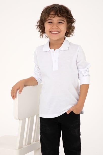 Erkek Çocuk Beyaz Basic Polo Yaka Sweatshirt