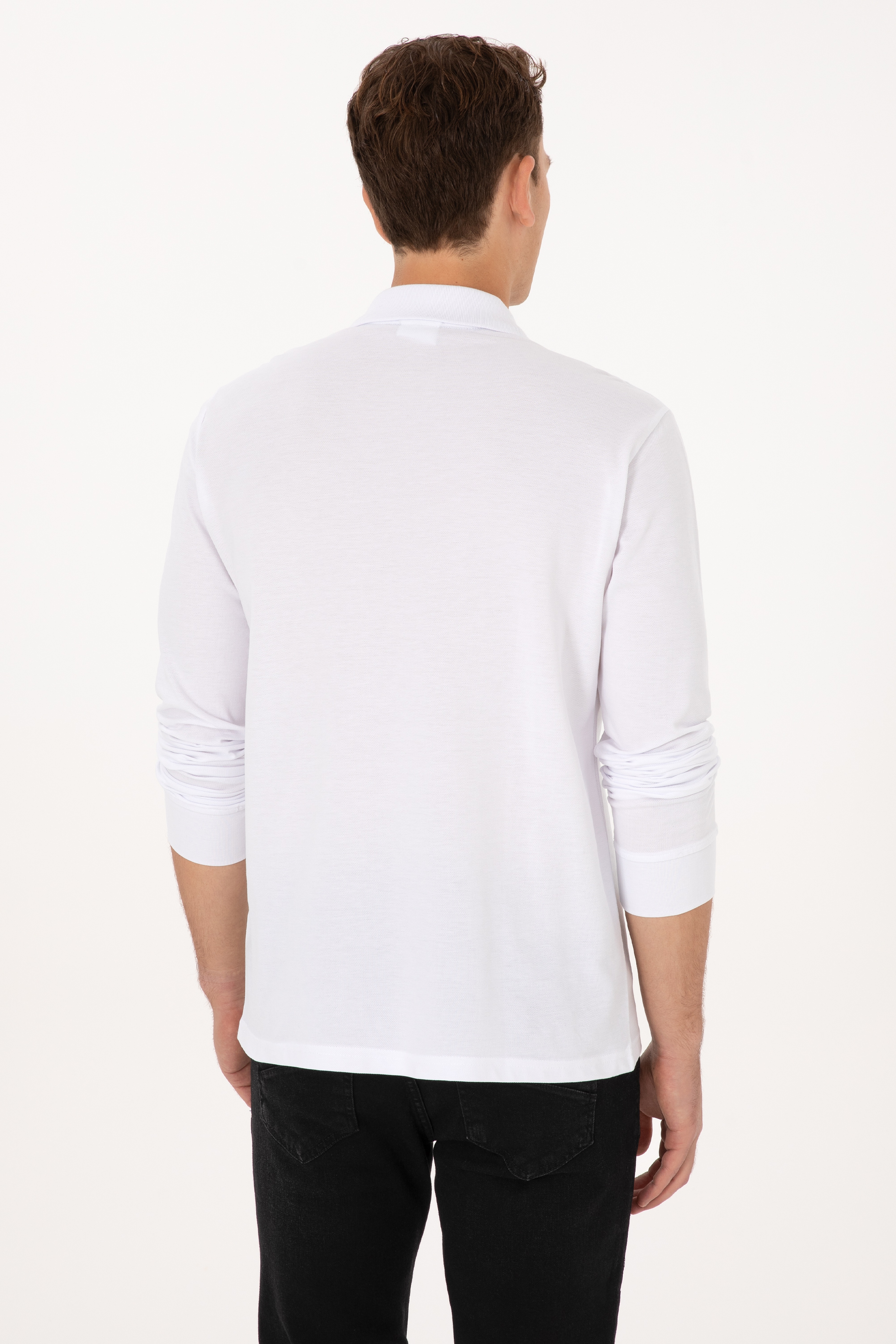 Erkek Regular Fit Polo Yaka Beyaz Basic Sweatshirt - Image 5
