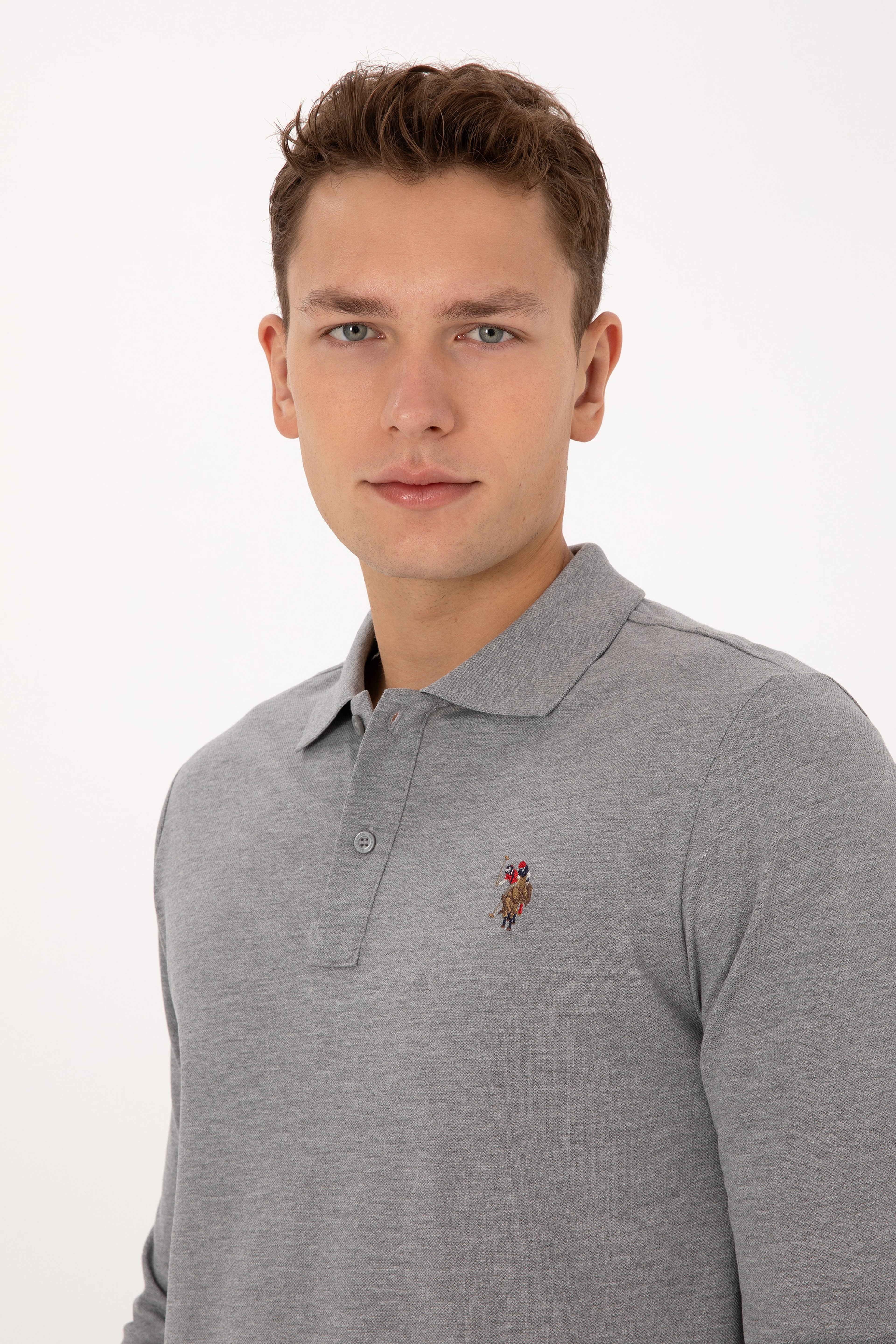Erkek Regular Fit Polo Yaka Grı Melanj Basic Sweatshirt - Image 2