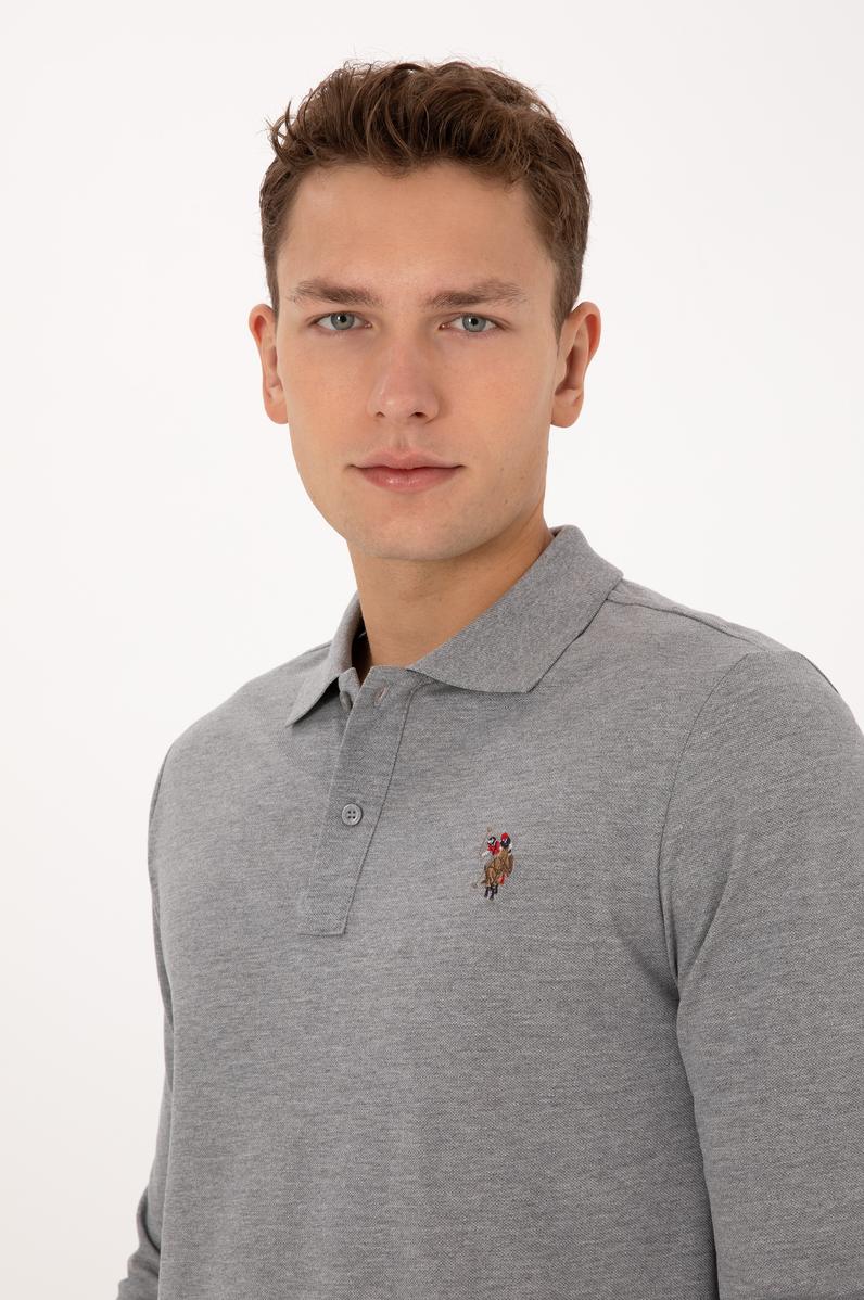 Erkek Regular Fit Polo Yaka Grı Melanj Basic Sweatshirt