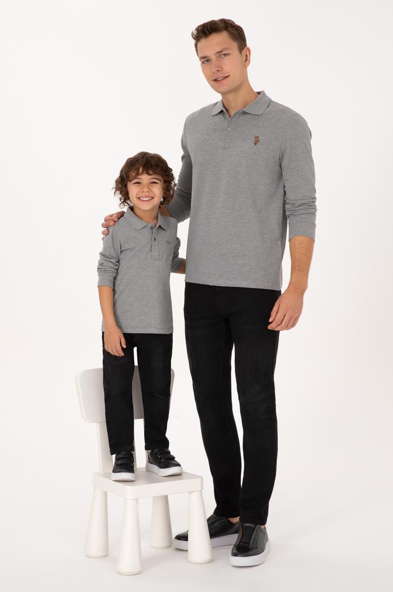 Erkek Regular Fit Polo Yaka Grı Melanj Basic Sweatshirt