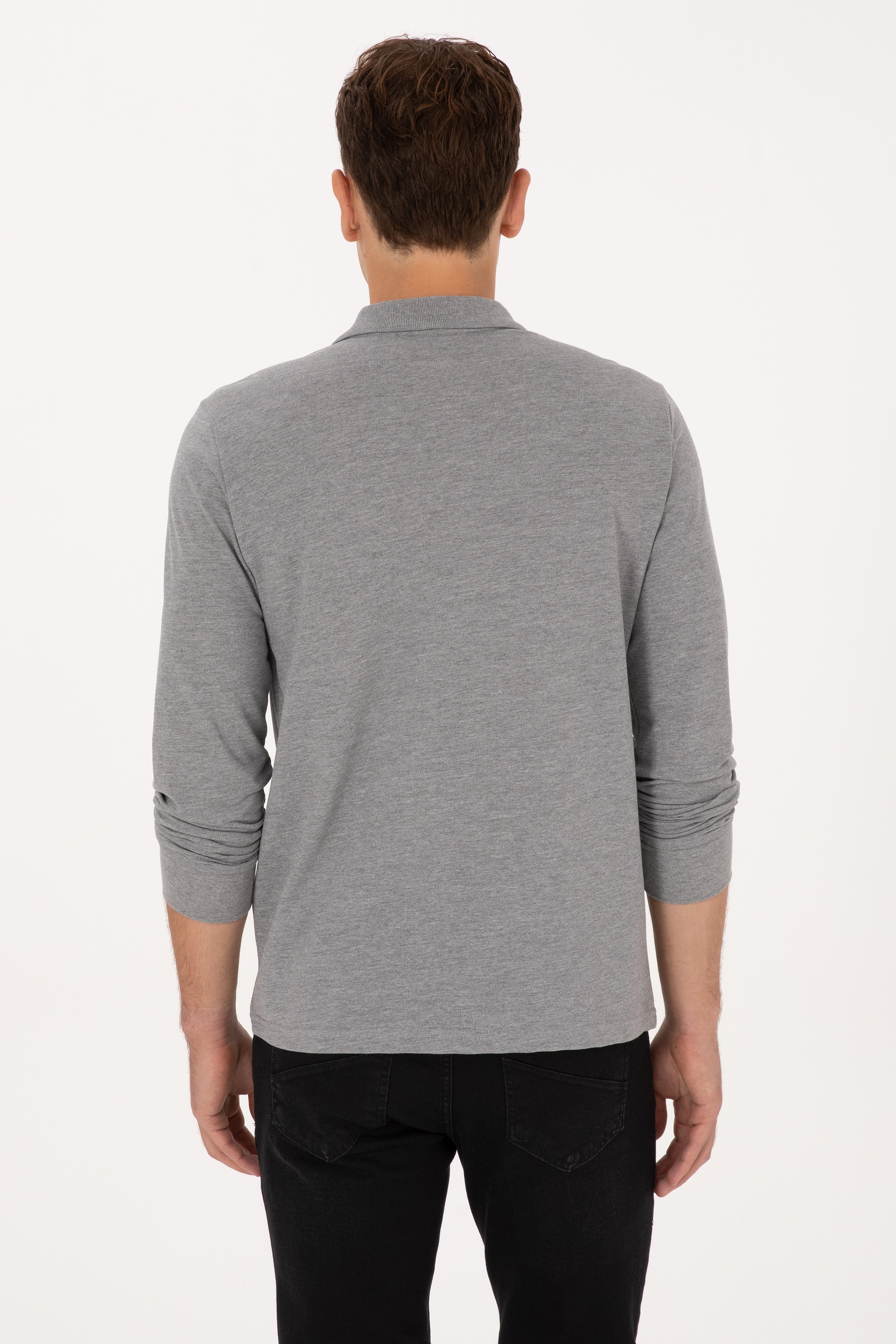 Erkek Regular Fit Polo Yaka Grı Melanj Basic Sweatshirt