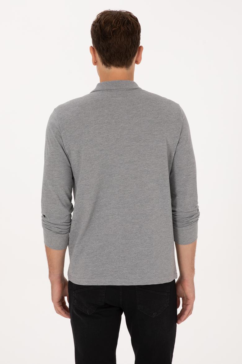 Erkek Regular Fit Polo Yaka Grı Melanj Basic Sweatshirt - 50313772056