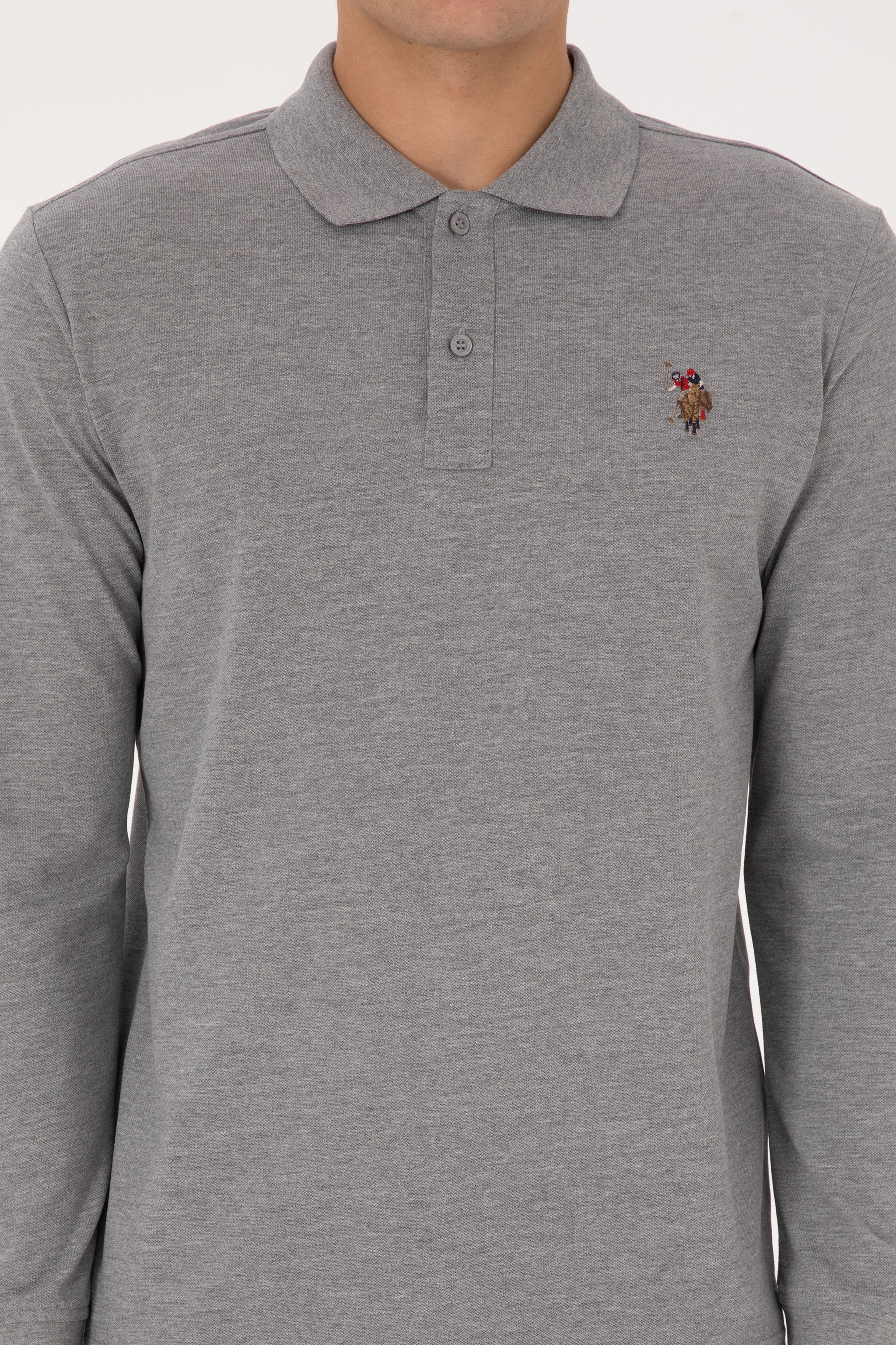 Erkek Regular Fit Polo Yaka Grı Melanj Basic Sweatshirt