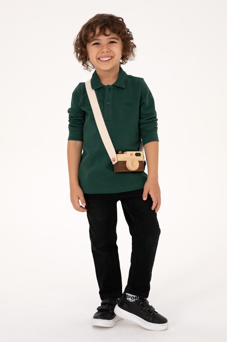 Erkek Çocuk Koyu Yeşil Basic Polo Yaka Sweatshirt