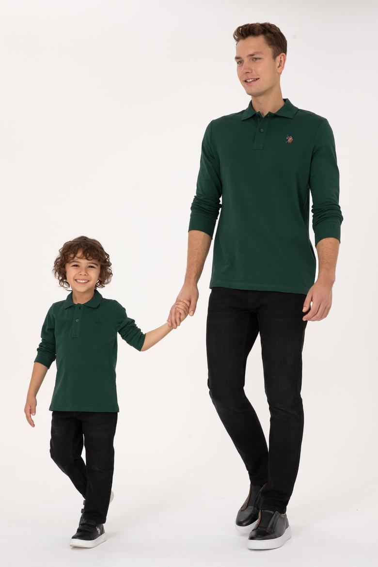 Erkek Çocuk Koyu Yeşil Basic Polo Yaka Sweatshirt