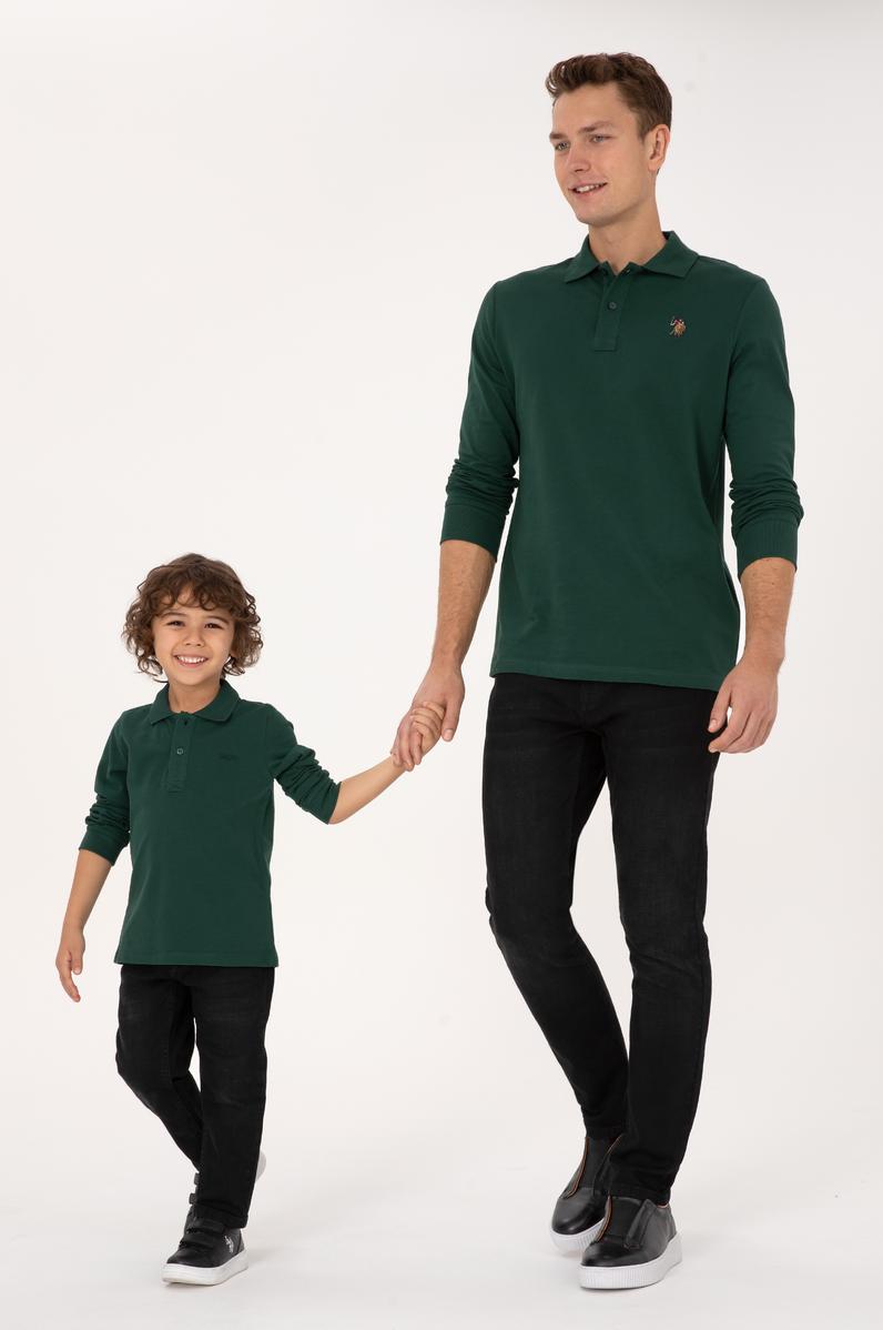 Erkek Çocuk Koyu Yeşil Basic Polo Yaka Sweatshirt