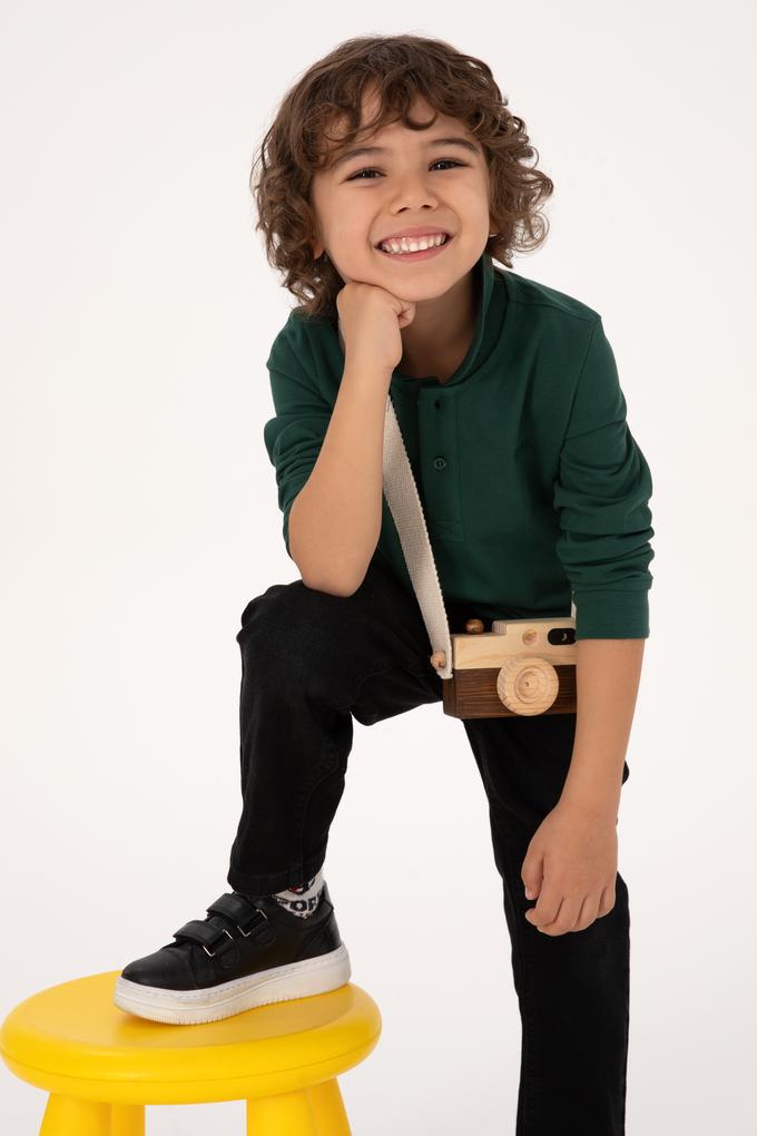 Erkek Çocuk Koyu Yeşil Basic Polo Yaka Sweatshirt