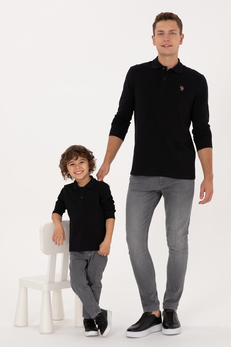 Erkek Çocuk Siyah Basic Polo Yaka Sweatshirt