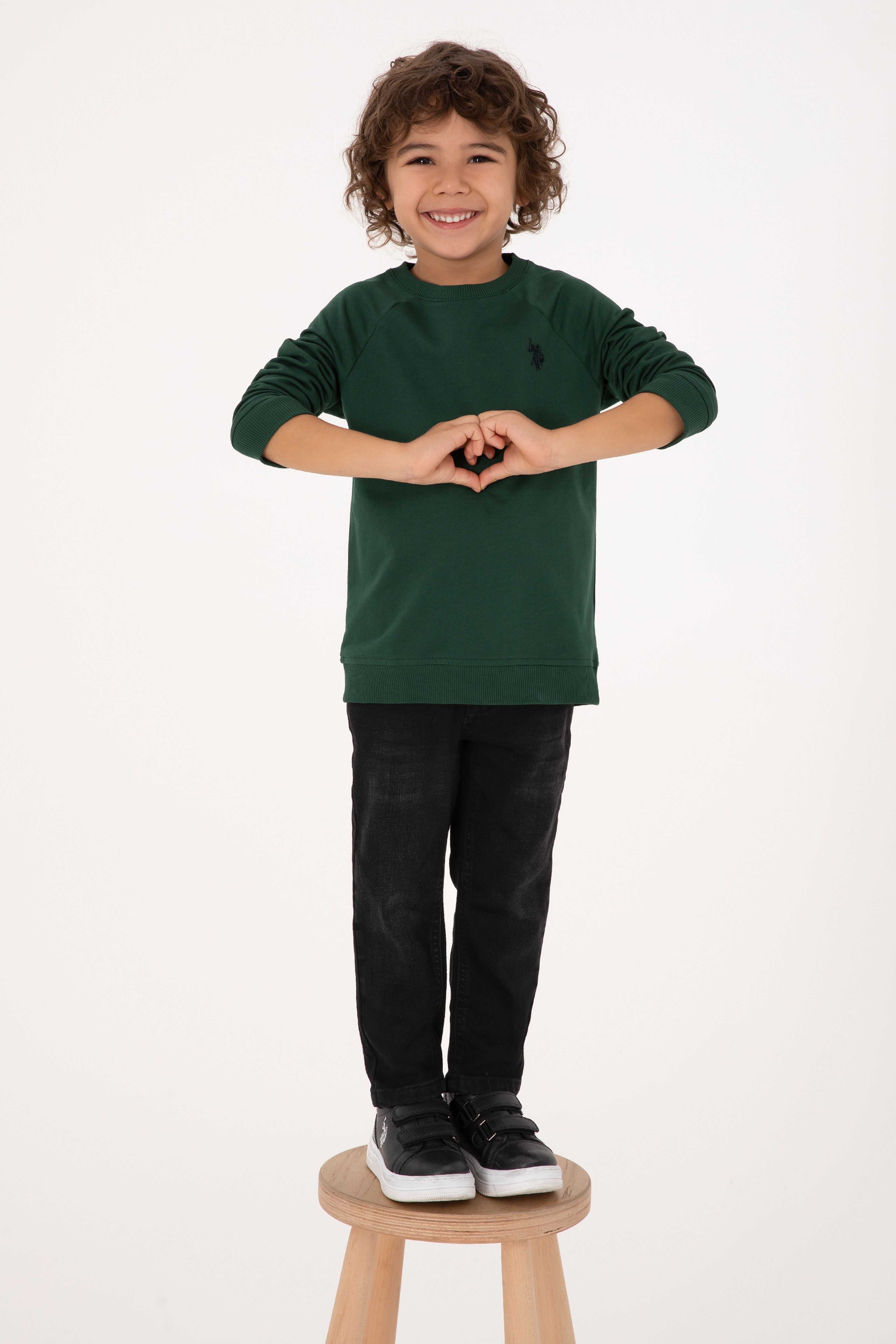 Erkek Çocuk Koyu Yeşil Basic Bisiklet Yaka Sweatshirt