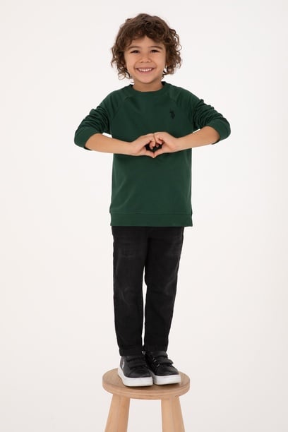 Erkek Çocuk Koyu Yeşil Basic Bisiklet Yaka Sweatshirt