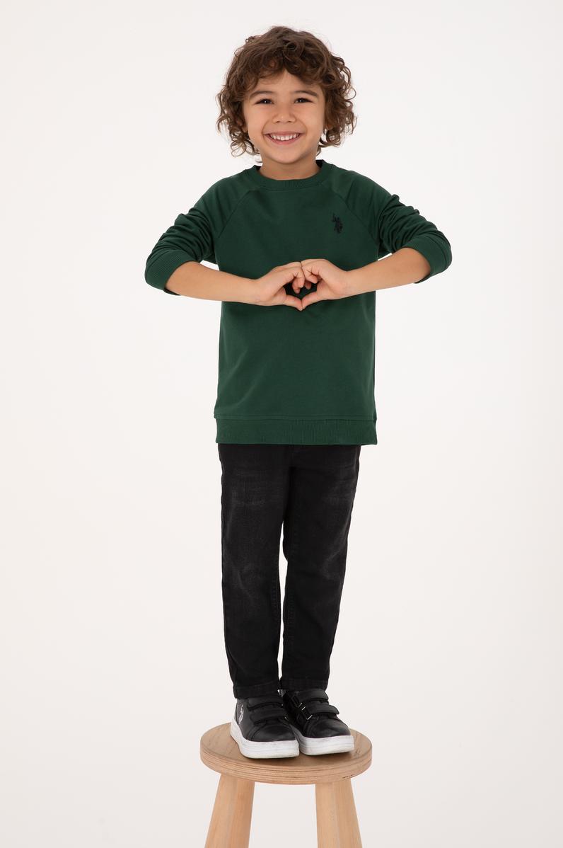 Erkek Çocuk Koyu Yeşil Basic Bisiklet Yaka Sweatshirt