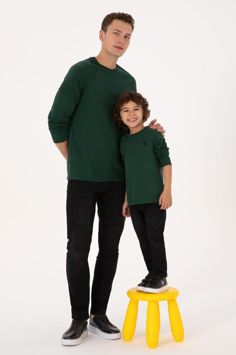 Erkek Çocuk Koyu Yeşil Basic Bisiklet Yaka Sweatshirt