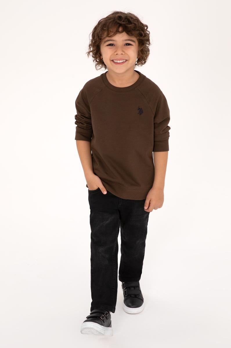 Erkek Çocuk Kahverengi Basic Bisiklet Yaka Sweatshirt