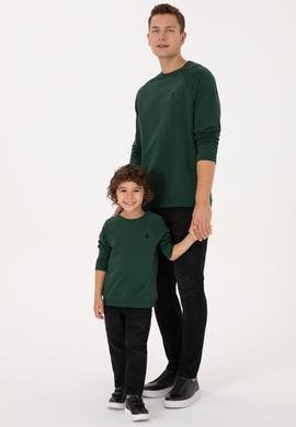 Erkek Regular Fit Bisiklet Yaka Koyu Yeşil İnce Basic Sweatshirt - 50313752047