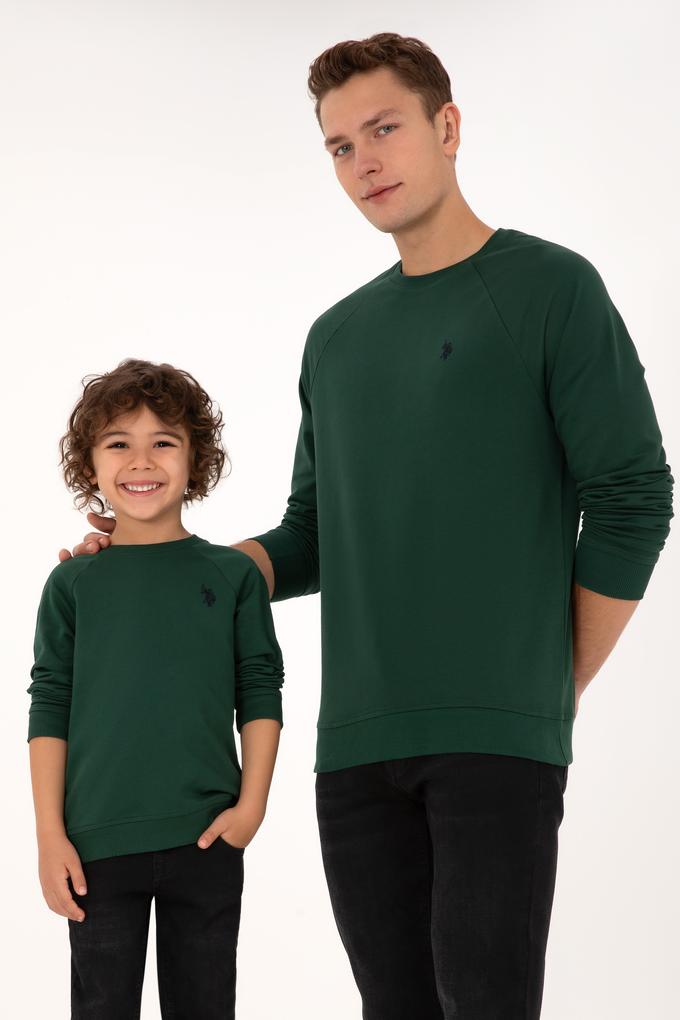Erkek Regular Fit Bisiklet Yaka Koyu Yeşil İnce Basic Sweatshirt