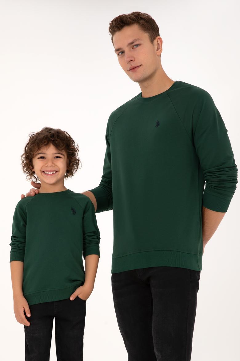 Erkek Regular Fit Bisiklet Yaka Koyu Yeşil İnce Basic Sweatshirt