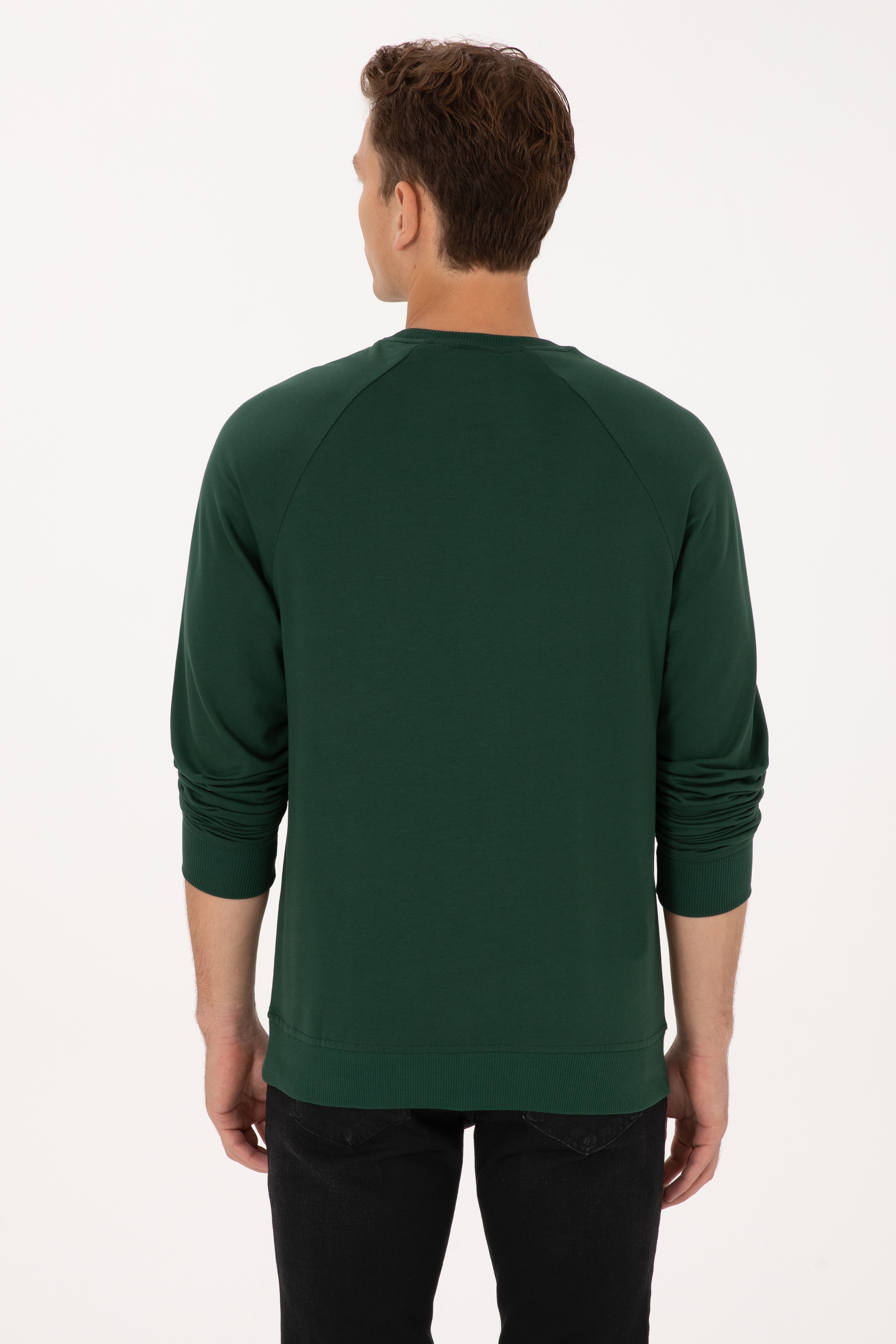 Erkek Regular Fit Bisiklet Yaka Koyu Yeşil İnce Basic Sweatshirt