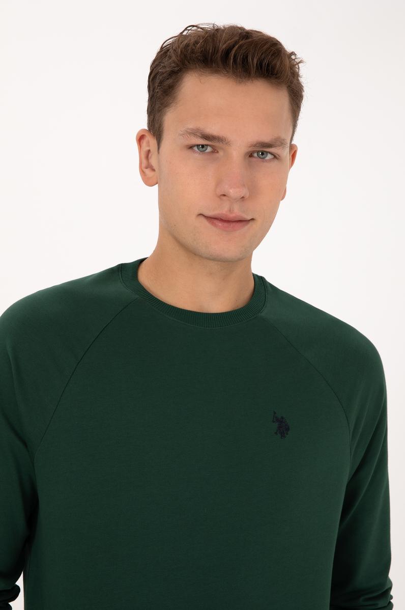 Erkek Regular Fit Bisiklet Yaka Koyu Yeşil İnce Basic Sweatshirt