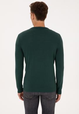 Erkek Slim Fit V Yaka Koyu Yeşil Basic Kazak - 50313668048