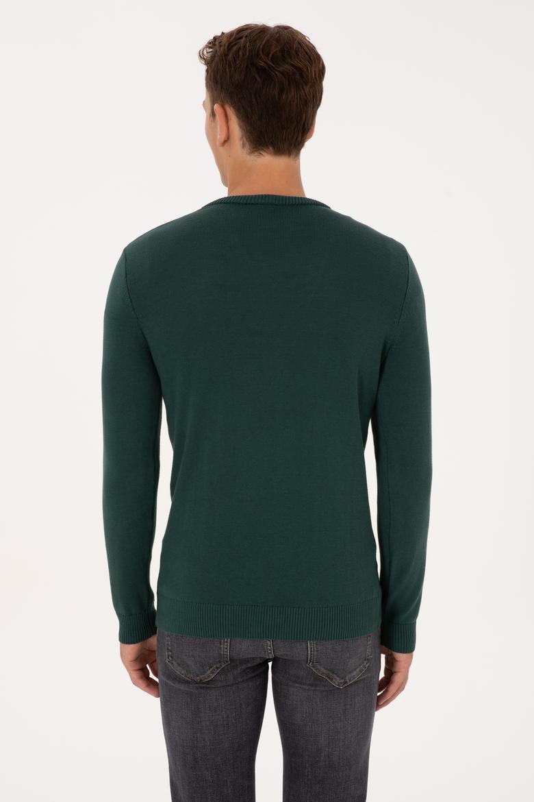 Erkek Slim Fit V Yaka Koyu Yeşil Basic Kazak - 50313668048