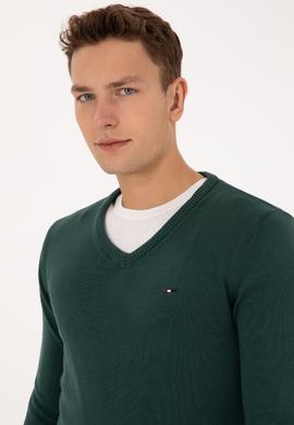 Erkek Slim Fit V Yaka Koyu Yeşil Basic Kazak - 50313668048