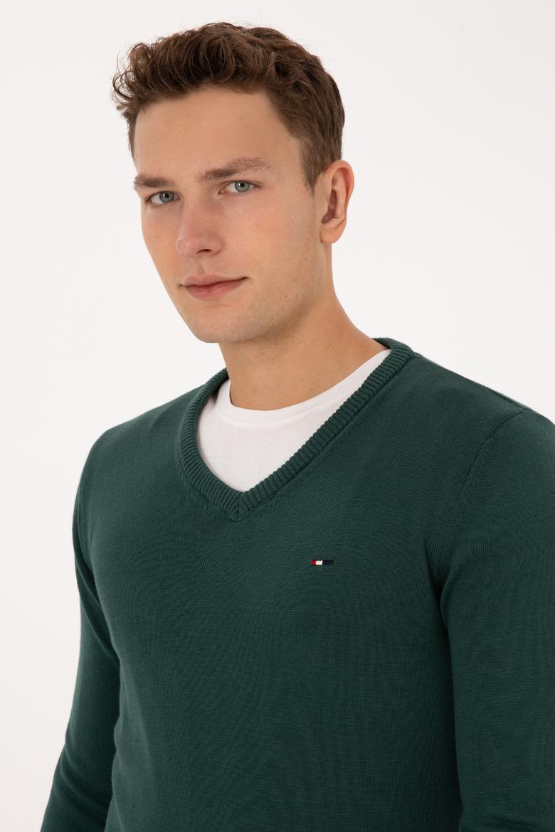 Erkek Slim Fit V Yaka Koyu Yeşil Basic Kazak - 50313668048