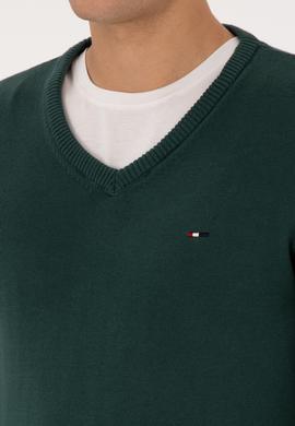 Erkek Slim Fit V Yaka Koyu Yeşil Basic Kazak - 50313668048