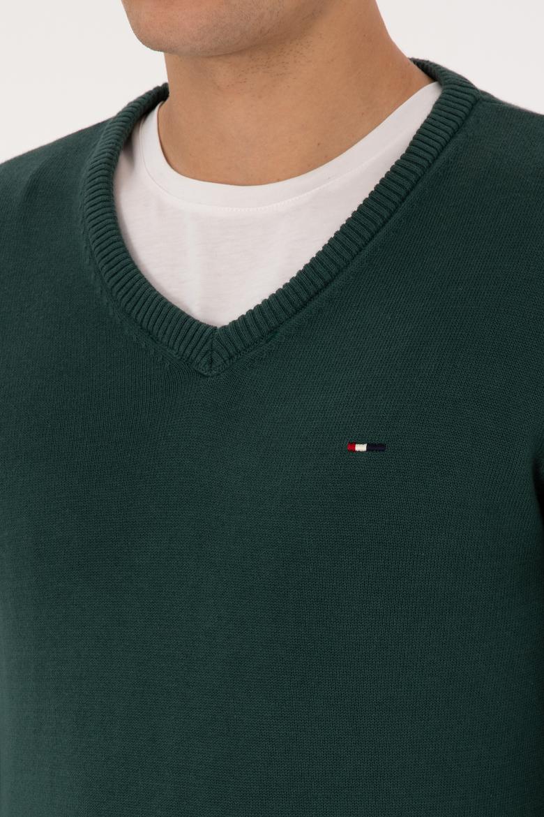 Erkek Slim Fit V Yaka Koyu Yeşil Basic Kazak - 50313668048