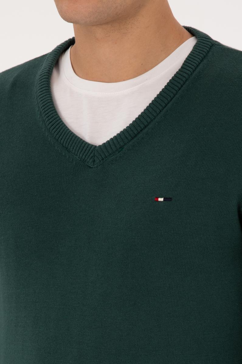 Erkek Slim Fit V Yaka Koyu Yeşil Basic Kazak