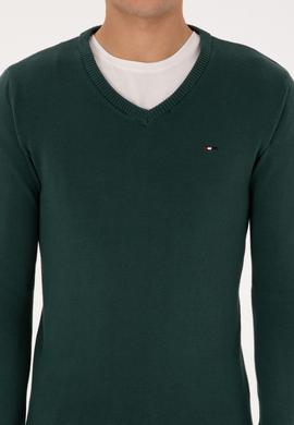 Erkek Slim Fit V Yaka Koyu Yeşil Basic Kazak - 50313668048