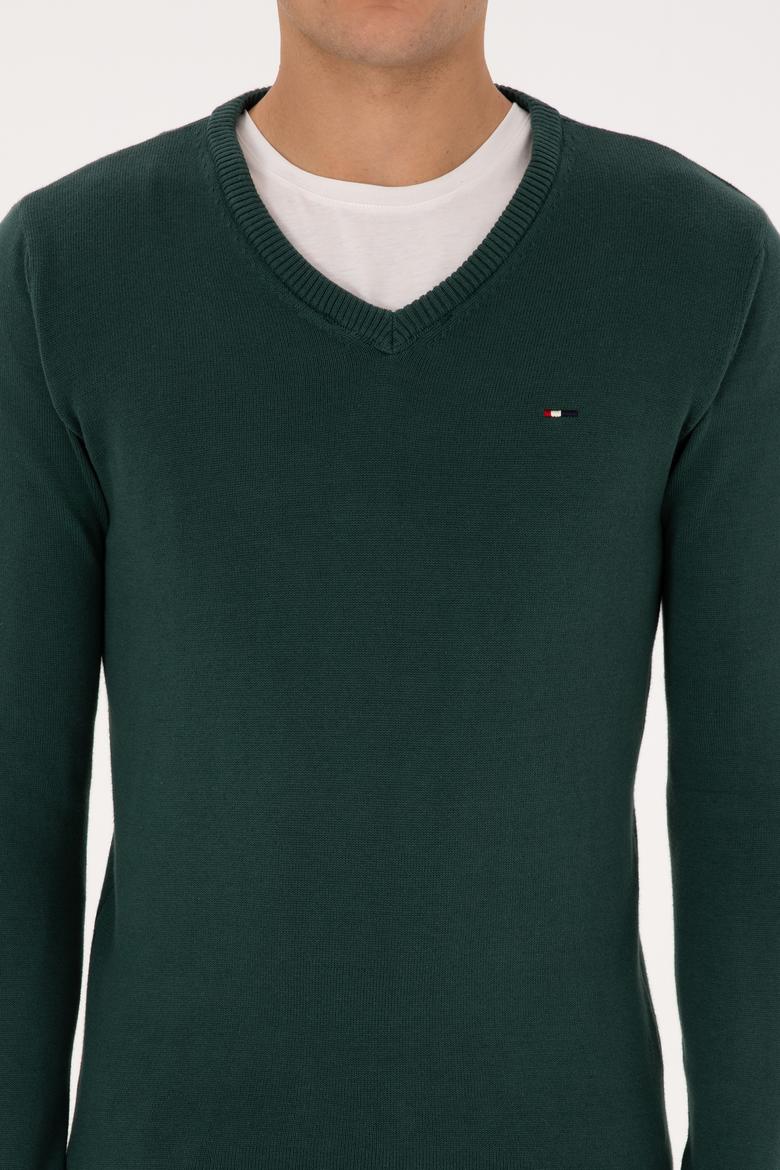 Erkek Slim Fit V Yaka Koyu Yeşil Basic Kazak - 50313668048