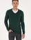 Erkek Slim Fit V Yaka Koyu Yeşil Basic Kazak