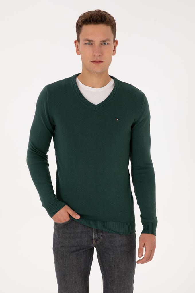 Erkek Slim Fit V Yaka Koyu Yeşil Basic Kazak