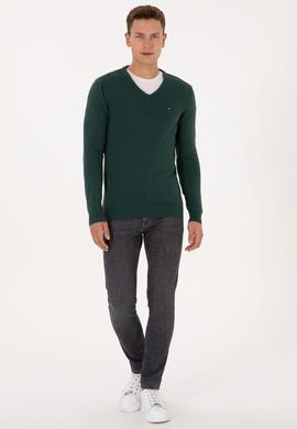 Erkek Slim Fit V Yaka Koyu Yeşil Basic Kazak - 50313668048