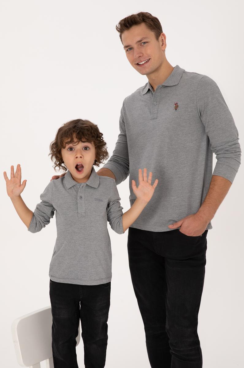 Erkek Çocuk Gri Melanj Basic Polo Yaka Sweatshirt