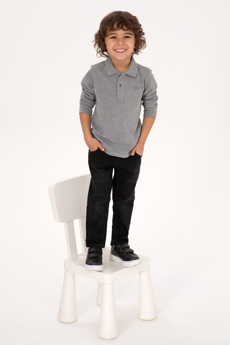 Erkek Çocuk Gri Melanj Basic Polo Yaka Sweatshirt - 50313790039