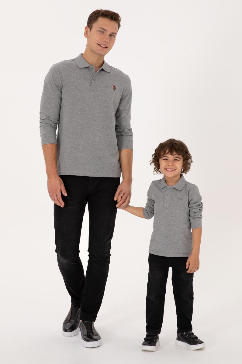 Erkek Çocuk Gri Melanj Basic Polo Yaka Sweatshirt