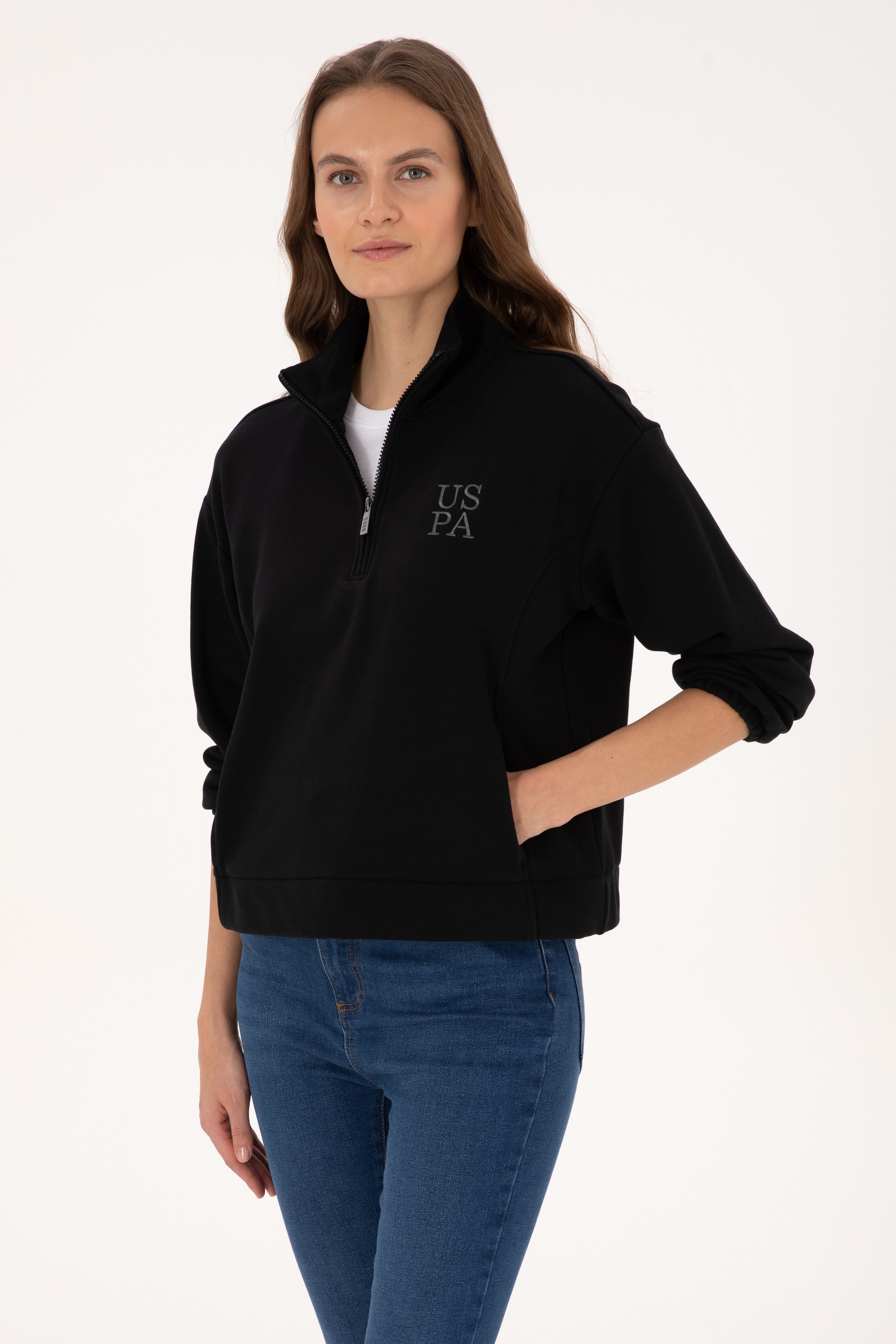 Kadın Siyah Fermuarlı Dik Yaka Sweatshirt
