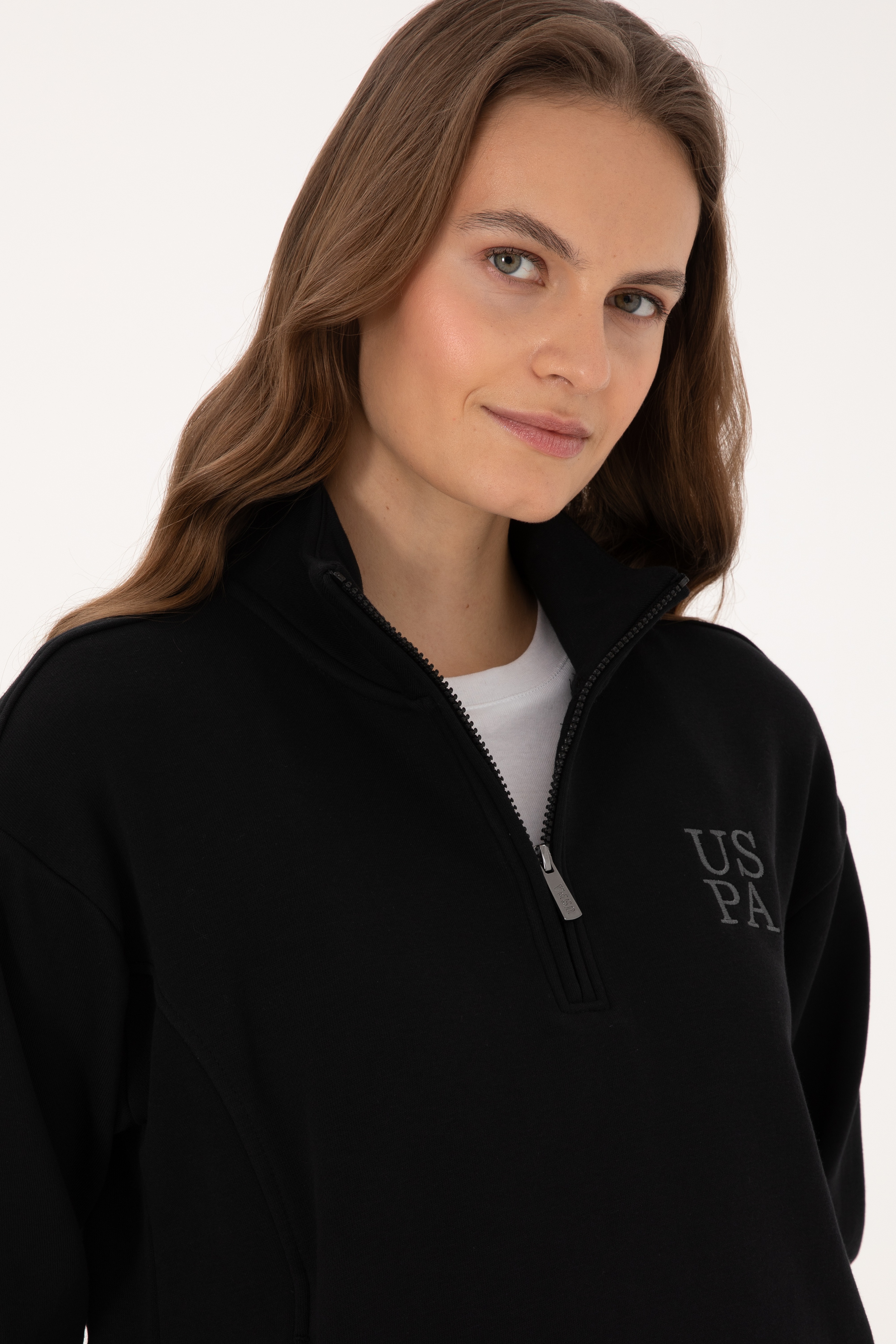 Kadın Siyah Fermuarlı Dik Yaka Sweatshirt - Image 2