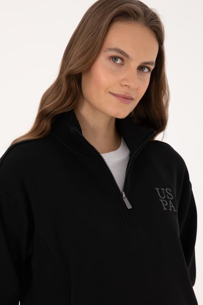Kadın Siyah Fermuarlı Dik Yaka Sweatshirt